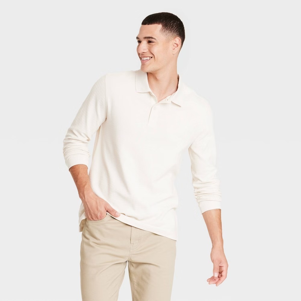 NWT Goodfellow & Co Long Sleeve Polo Shirt Ivory  Mens Size Large